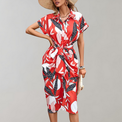 Dames Zomerjurk Kortemouw Knoopsluiting Midi Jurk - Mode Vibes