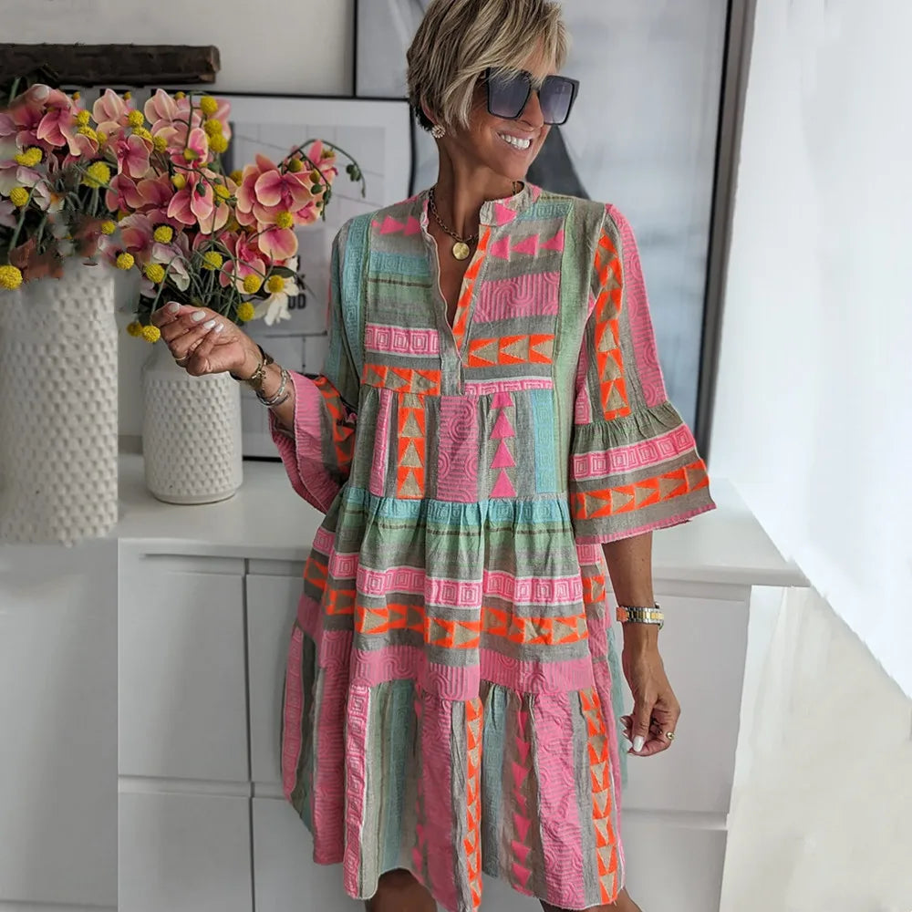 Dames Mini jurk met klokmouwen en etnische print - Rianna