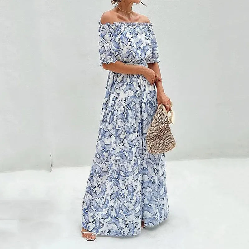 Rosa Maxi Zomerjurk Off Shoulder Damesjurk Bloemig Elegant - Mode Vibes