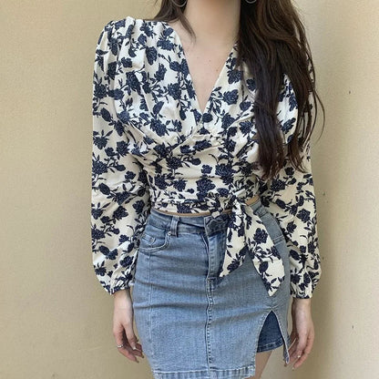 Verleidelijke Franse Bloemenprint V-Hals Shirt