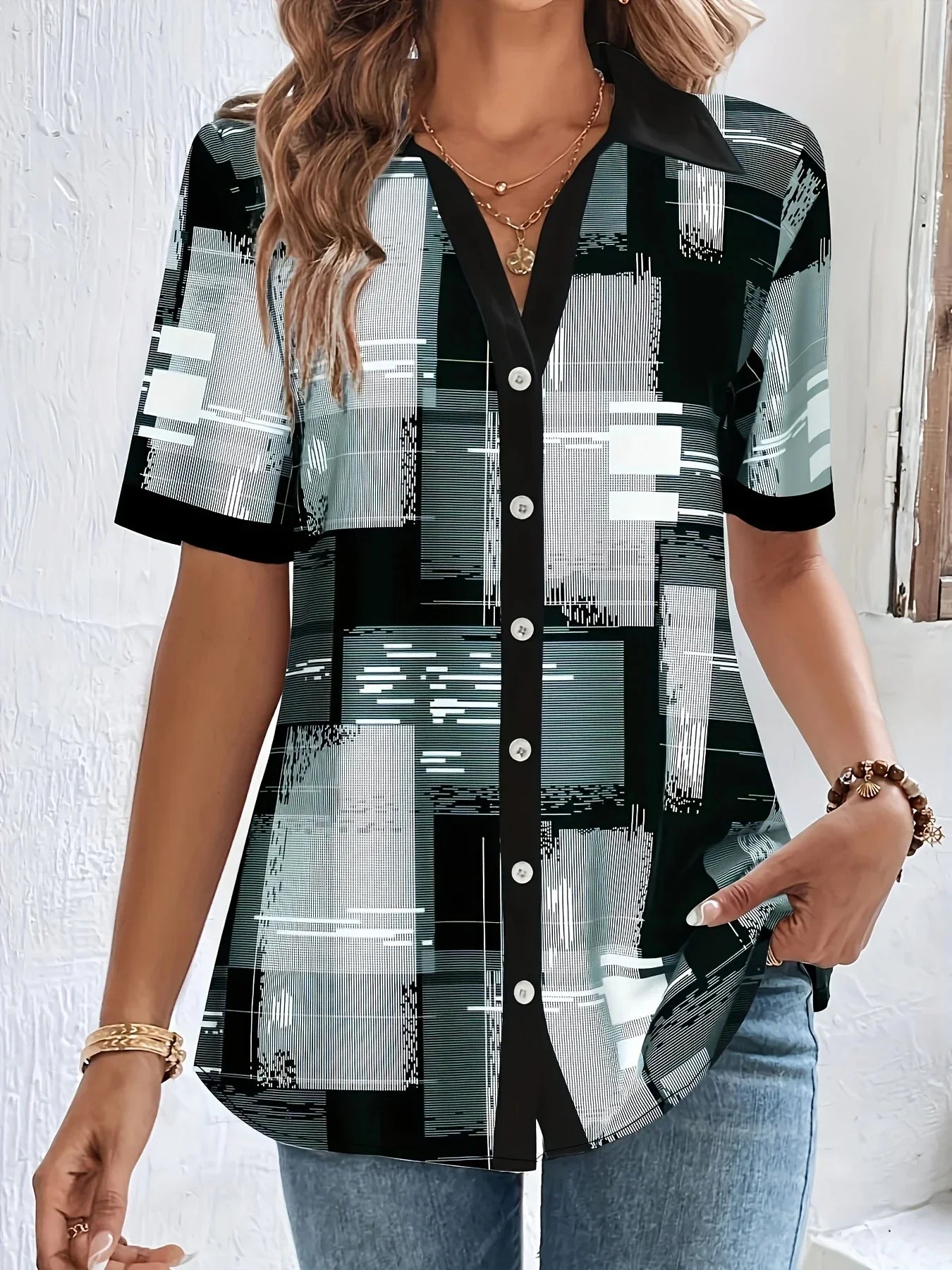 Retro Geometrische Print Blouse voor Lente en Herfst