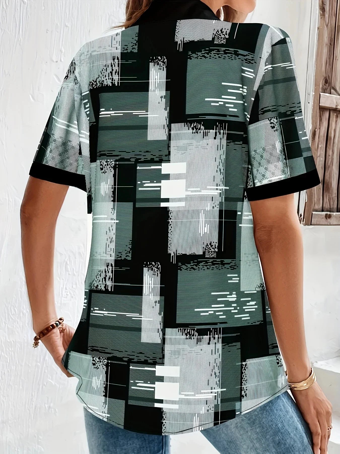 Retro Geometrische Print Blouse voor Lente en Herfst