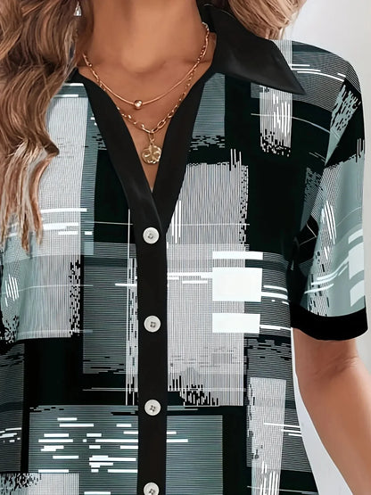 Retro Geometrische Print Blouse voor Lente en Herfst