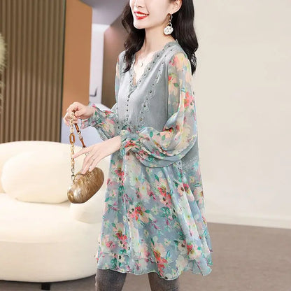 Vintage Midi Jurk met Chiffon en Bloemenpatroon