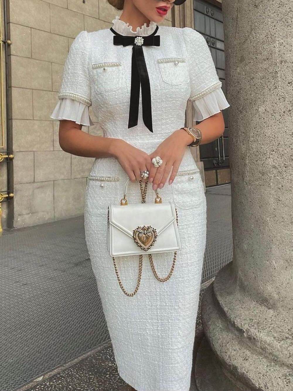Dames Formele Midi Jurk van Tweed Stof - Mode Vibes