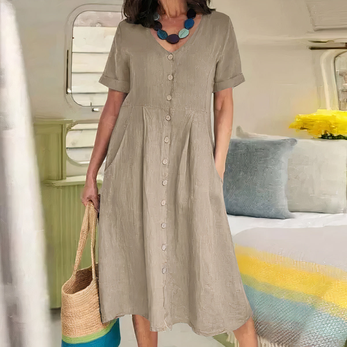 Dames V hals Casual Midi Zomer Jurk - Avy