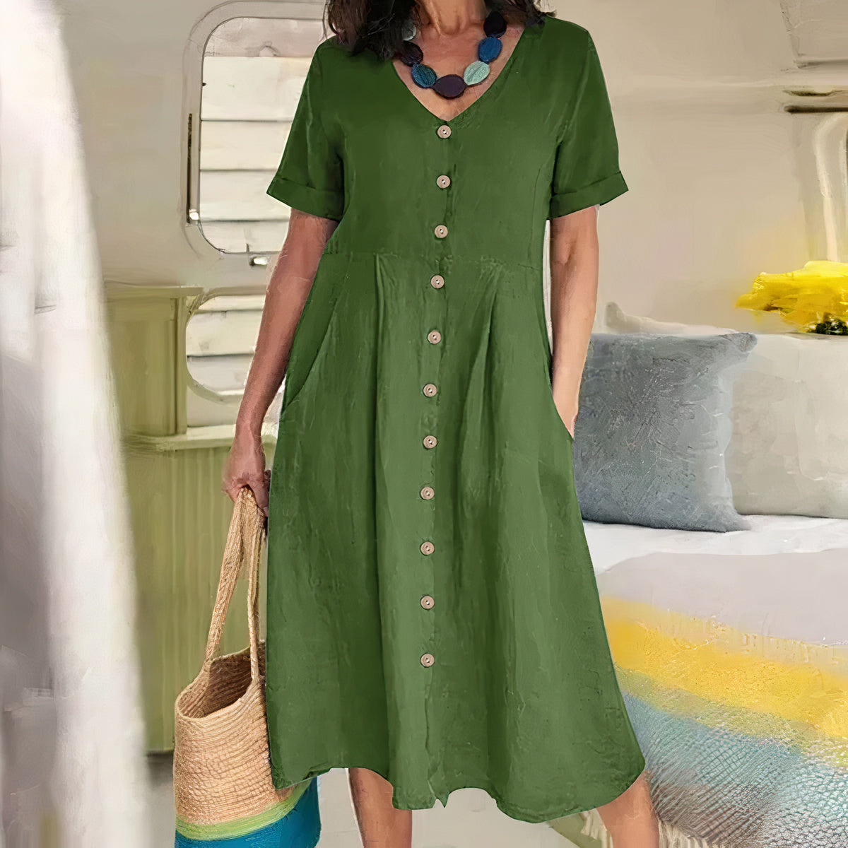 Dames V hals Casual Midi Zomer Jurk - Avy