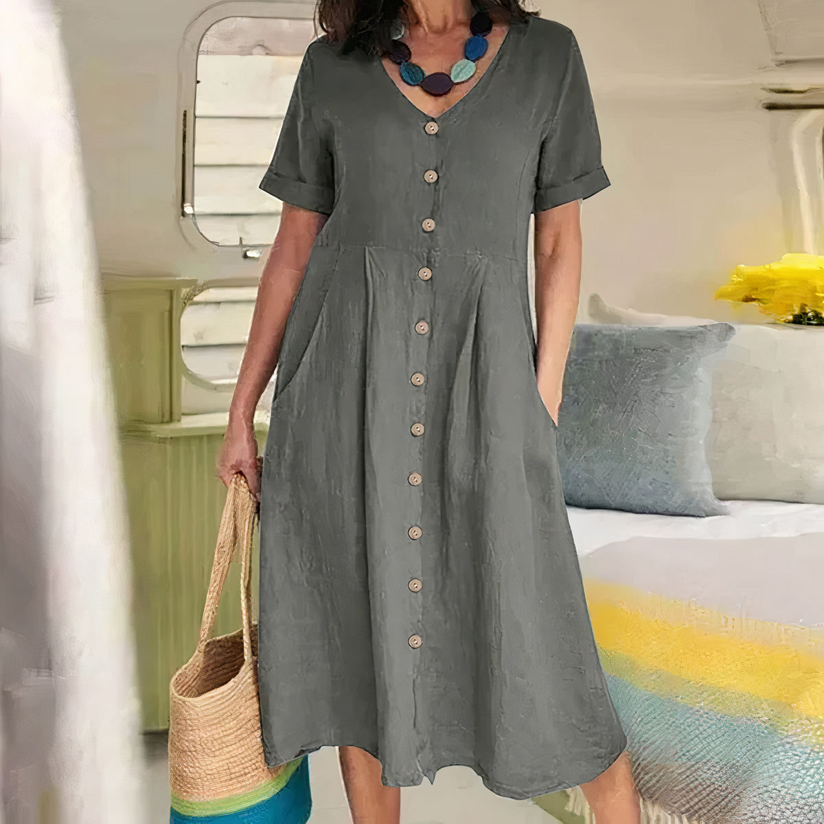 Dames V hals Casual Midi Zomer Jurk - Avy