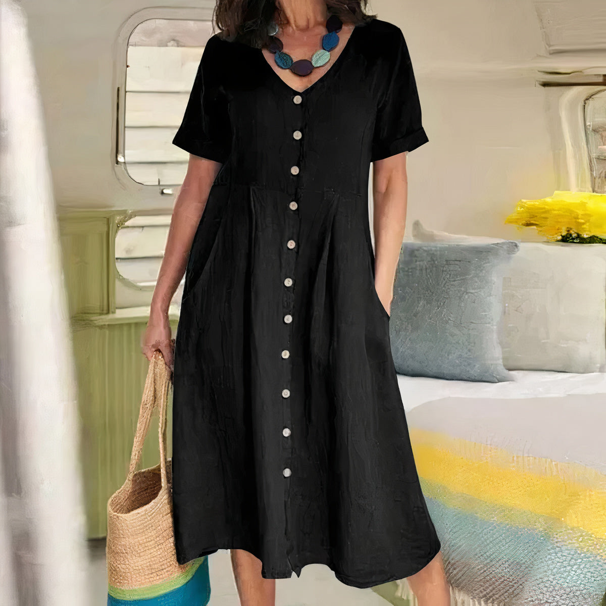 Dames V hals Casual Midi Zomer Jurk - Avy