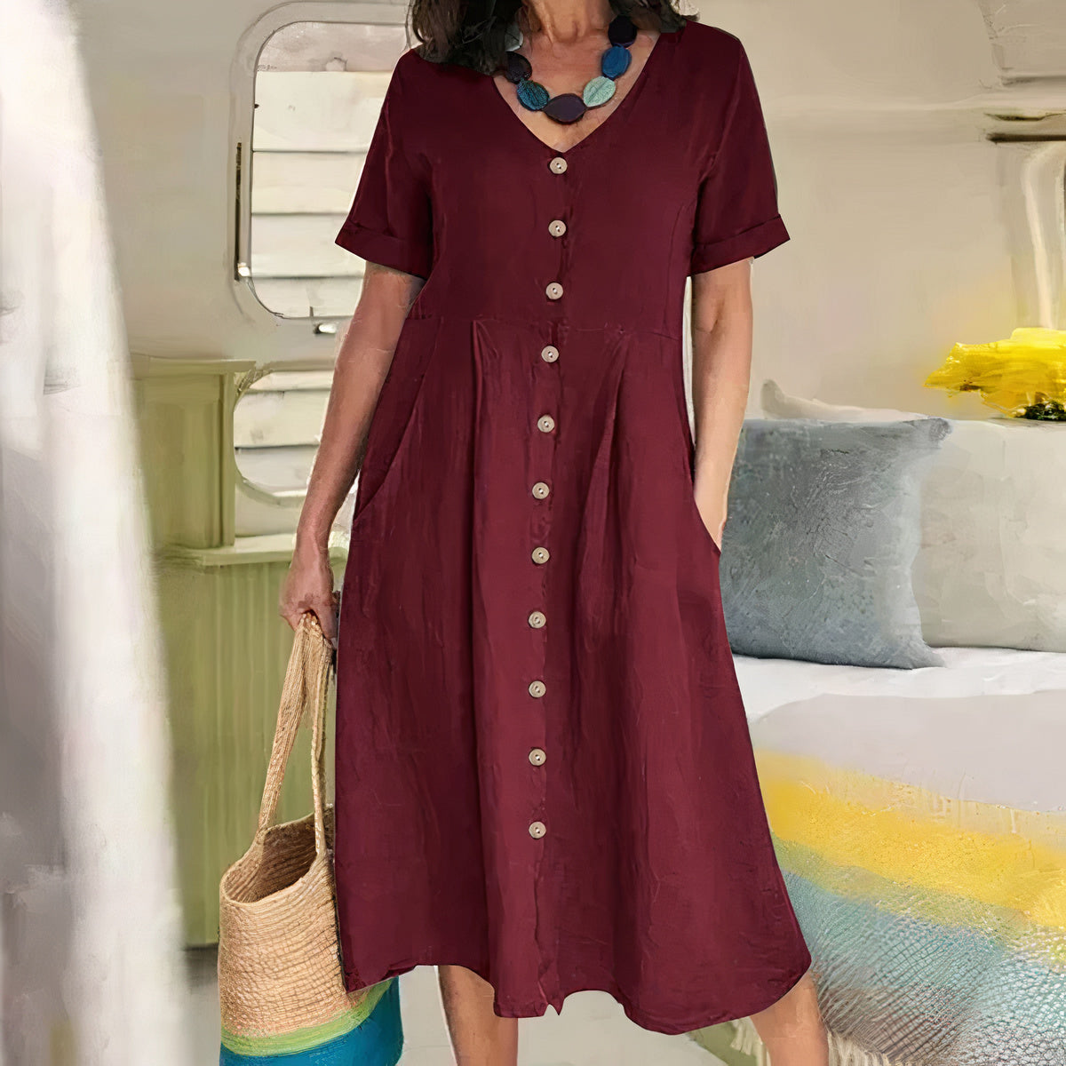 Dames V hals Casual Midi Zomer Jurk - Avy