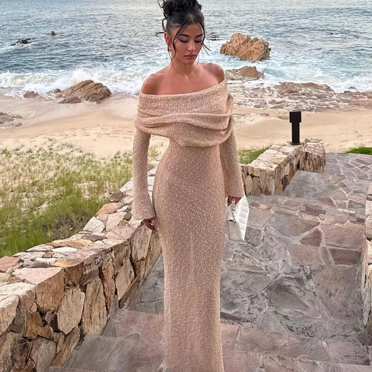 Dames Zachte stof Off the Shoulder Maxi zomerjurk met lange mouwen - Sophie
