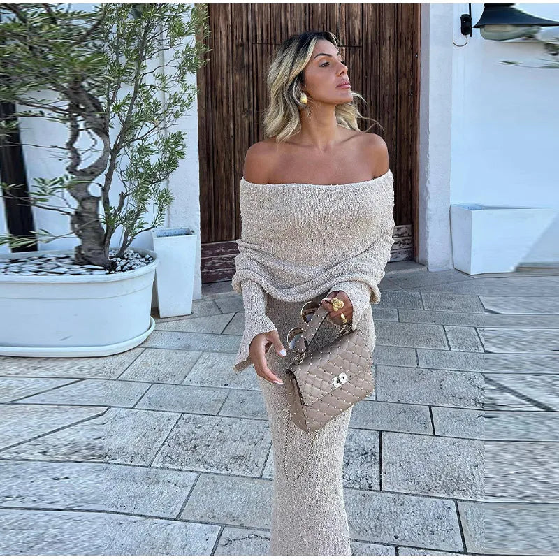 Dames Zomerjurk Off the Shoulder Maxi Jurk Lange Mouwen Zacht - Mode Vibes