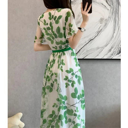 Luna Dames Zomerjurk met Bladprint en V-hals