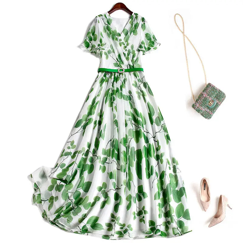 Luna Dames Zomerjurk met Bladprint en V-hals