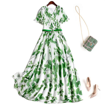 Luna Dames Zomerjurk met Bladprint en V-hals