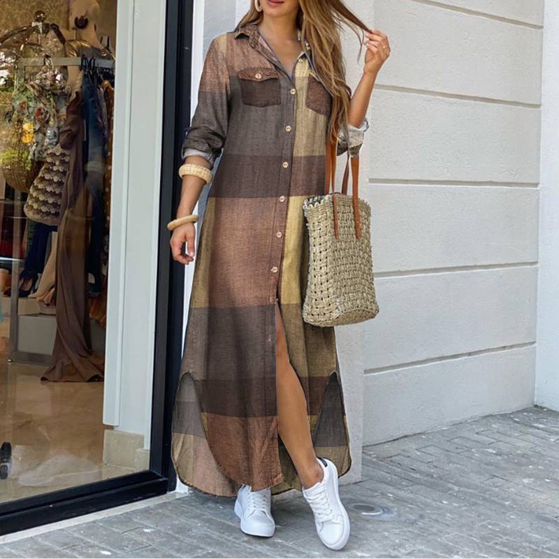 Dames Maxi Jurk Geruit Overhemd Stijl - Mode Vibes