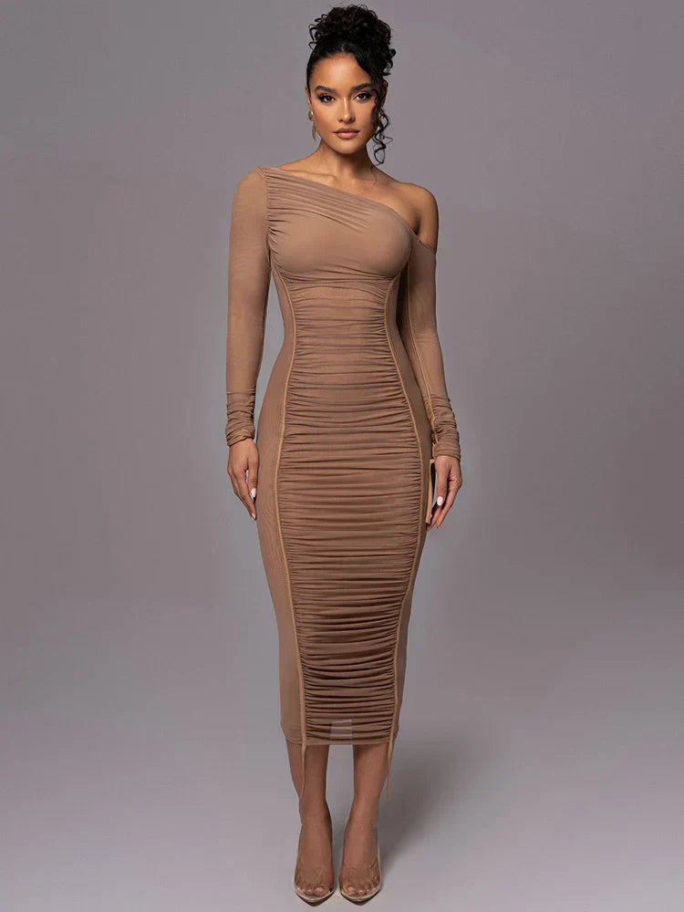 Dames midi bodycon jurk met ruches - Lillia