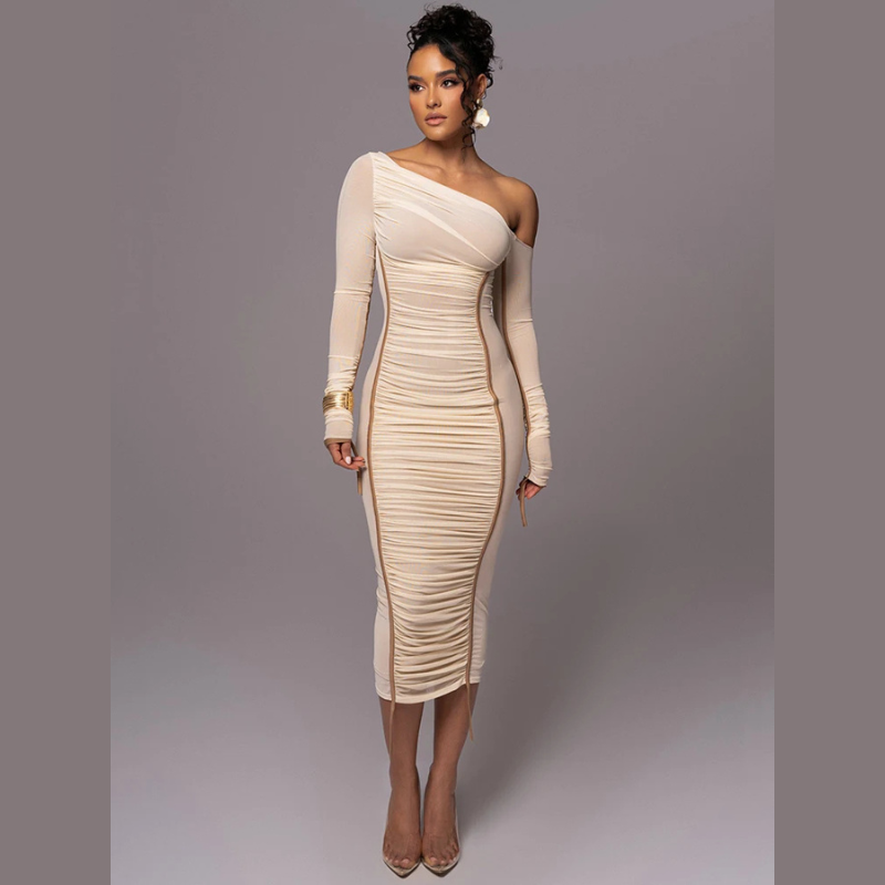 Midi Bodycon Jurk voor Dames met Ruches Zwart - Mode Vibes