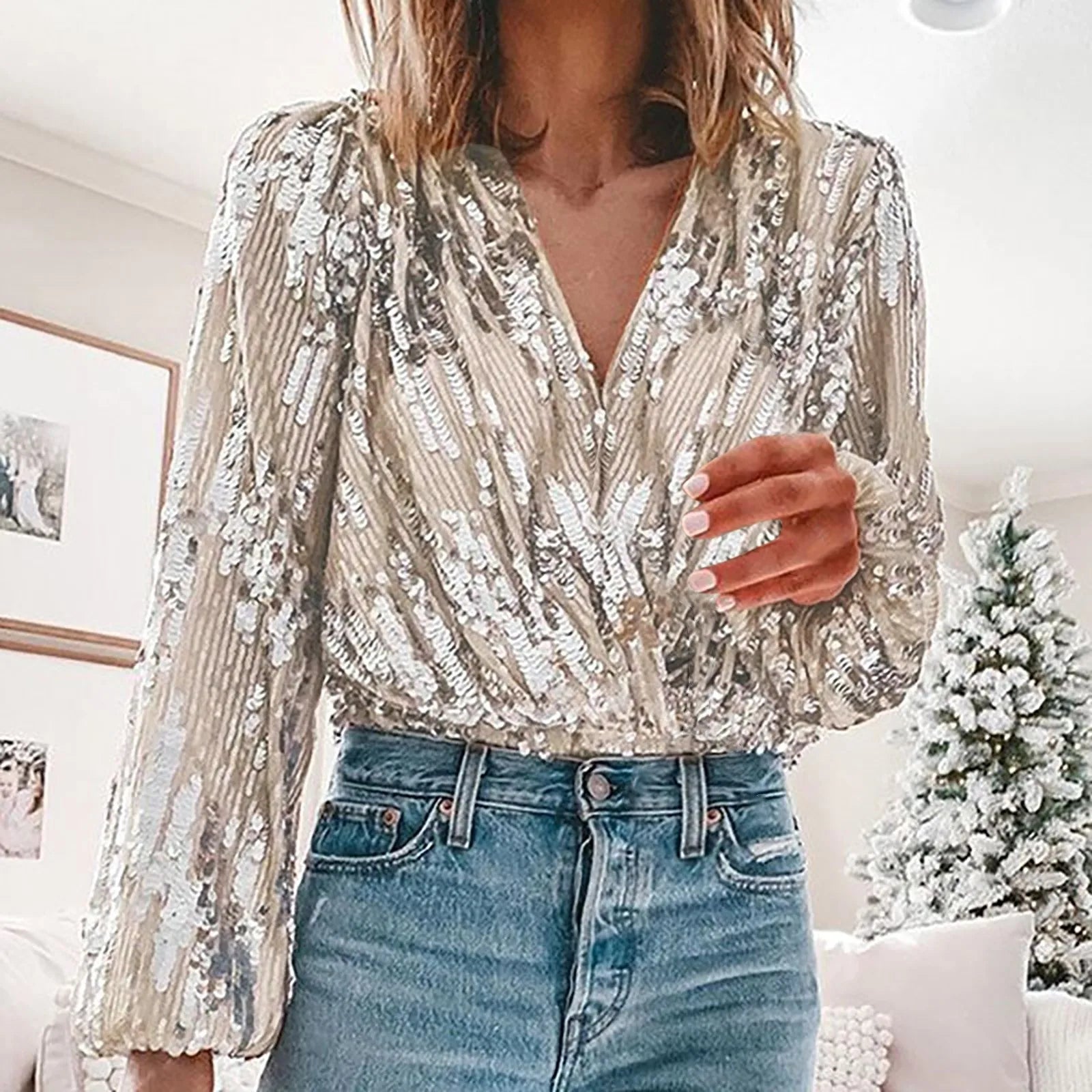 Dames Blouse Met V-Hals en Pailletten - Mode Vibes
