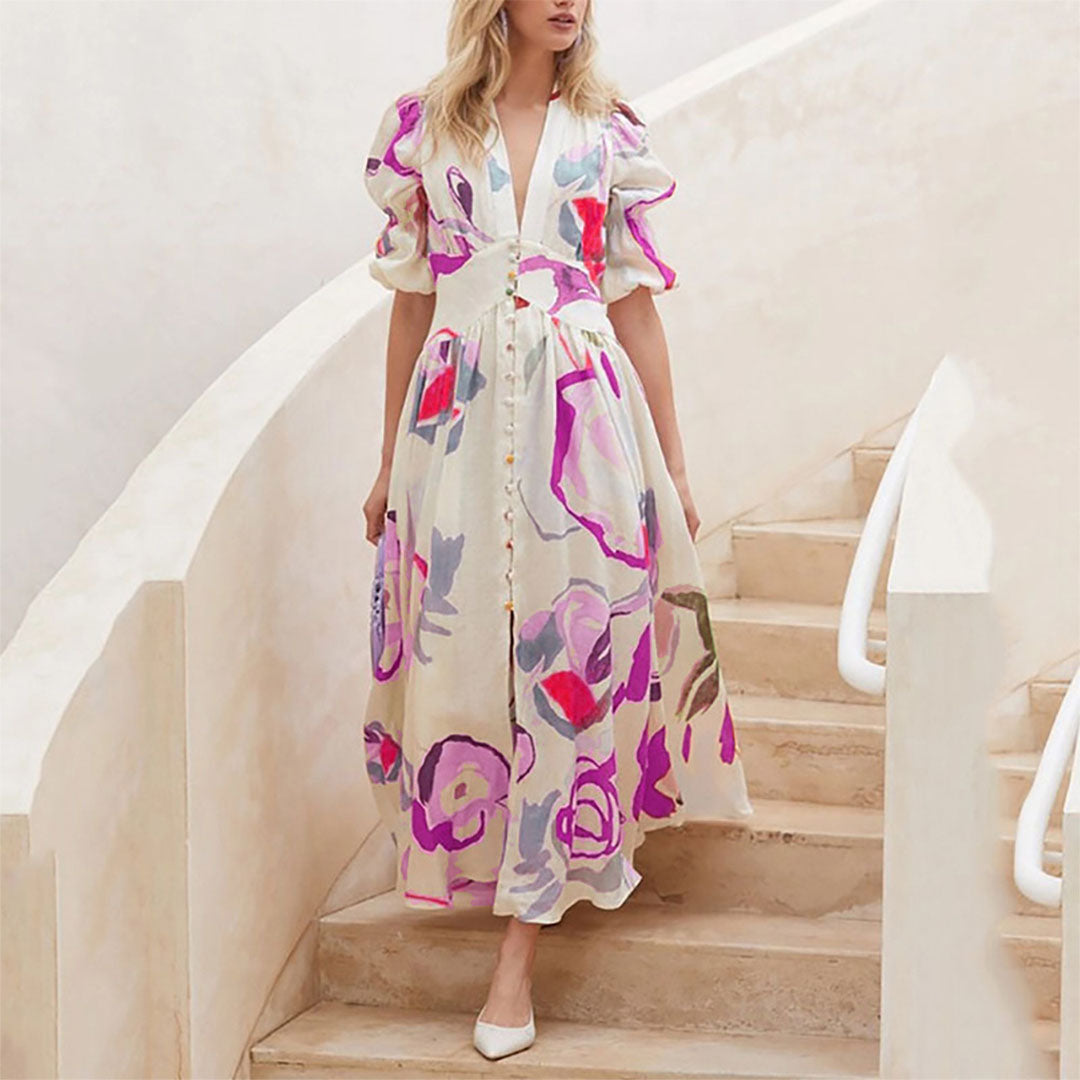 Dames Zomerjurk Bloemen Maxi Jurk met V-hals - Mode Vibes