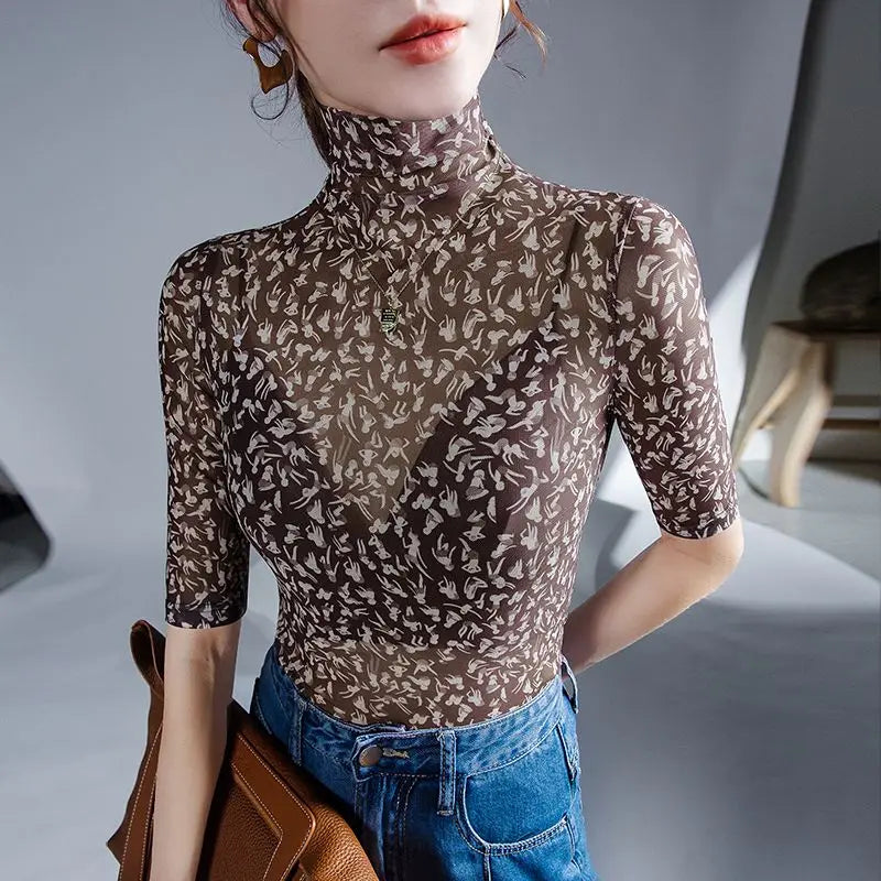 TrendWave Vrouwenkleding Dunne Mesh Bodem Halve Mouw Coltrui