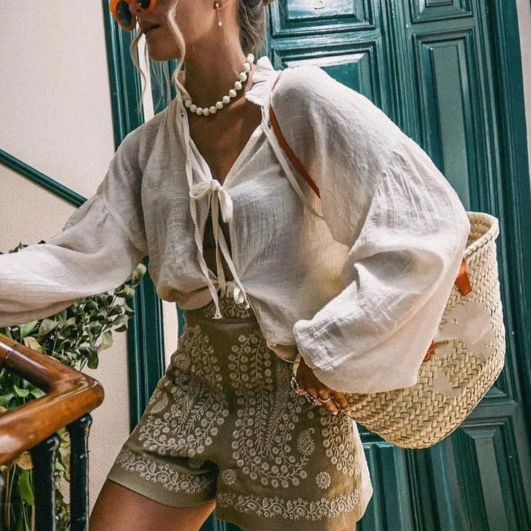 Linnen Shorts met Bloemen Borduur