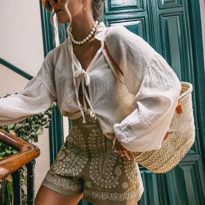 Linnen Shorts met Bloemen Borduur