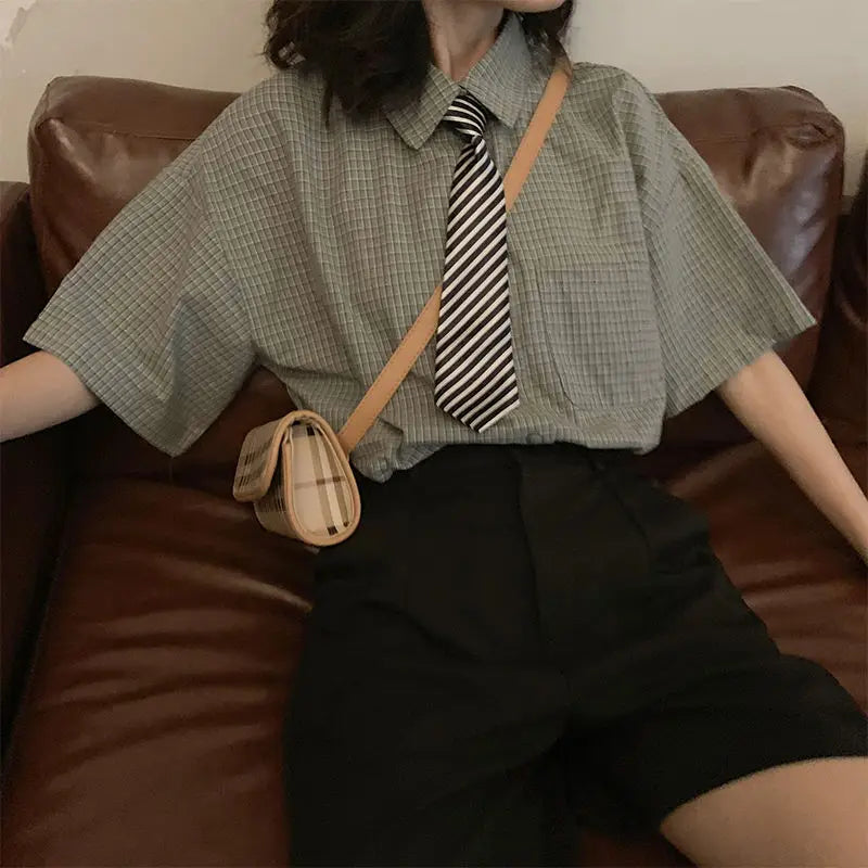 Deeptown Stijlvolle Zomerse Oversized Geruite Blouses voor Vrouwen