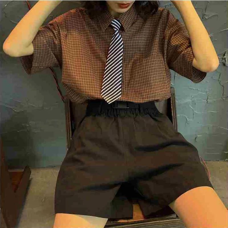 Deeptown Stijlvolle Zomerse Oversized Geruite Blouses voor Vrouwen