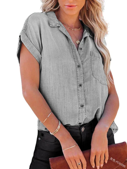 Denim Blouse met Zakken en Korte Mouwen