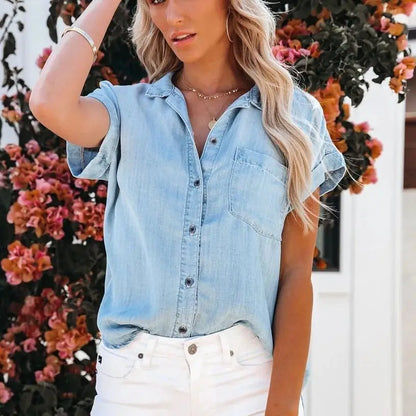 Denim Blouse met Zakken en Korte Mouwen