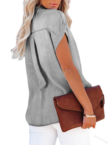Denim Blouse met Zakken en Korte Mouwen