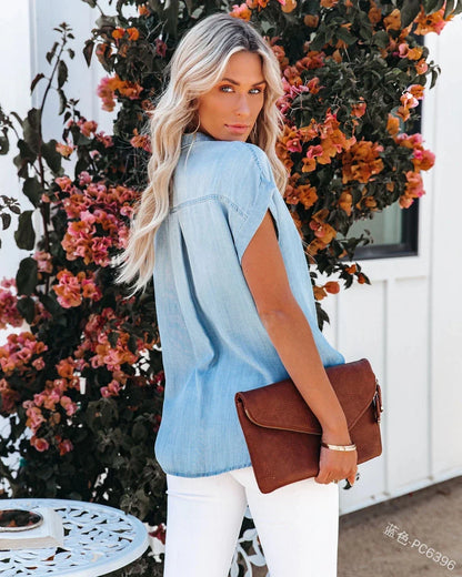 Denim Blouse met Zakken en Korte Mouwen