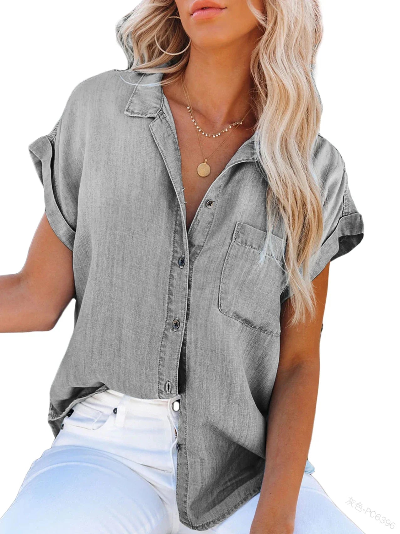Denim Blouse met Zakken en Korte Mouwen