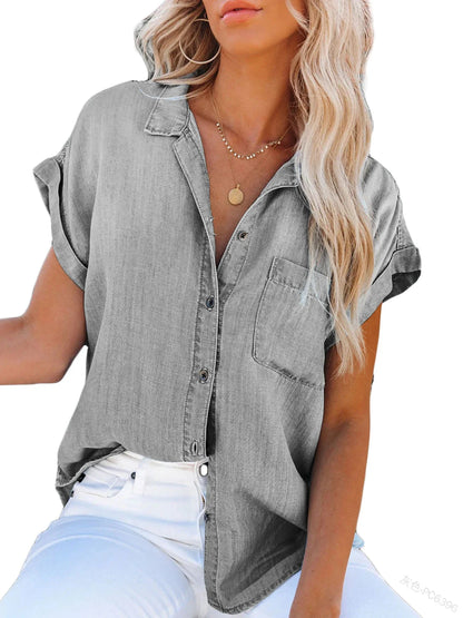Denim Blouse met Zakken en Korte Mouwen