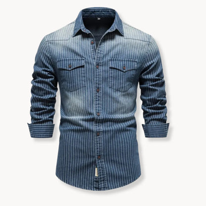 Mannen Overhemd Denim Gestreept met Borstzakken - Mode Vibes