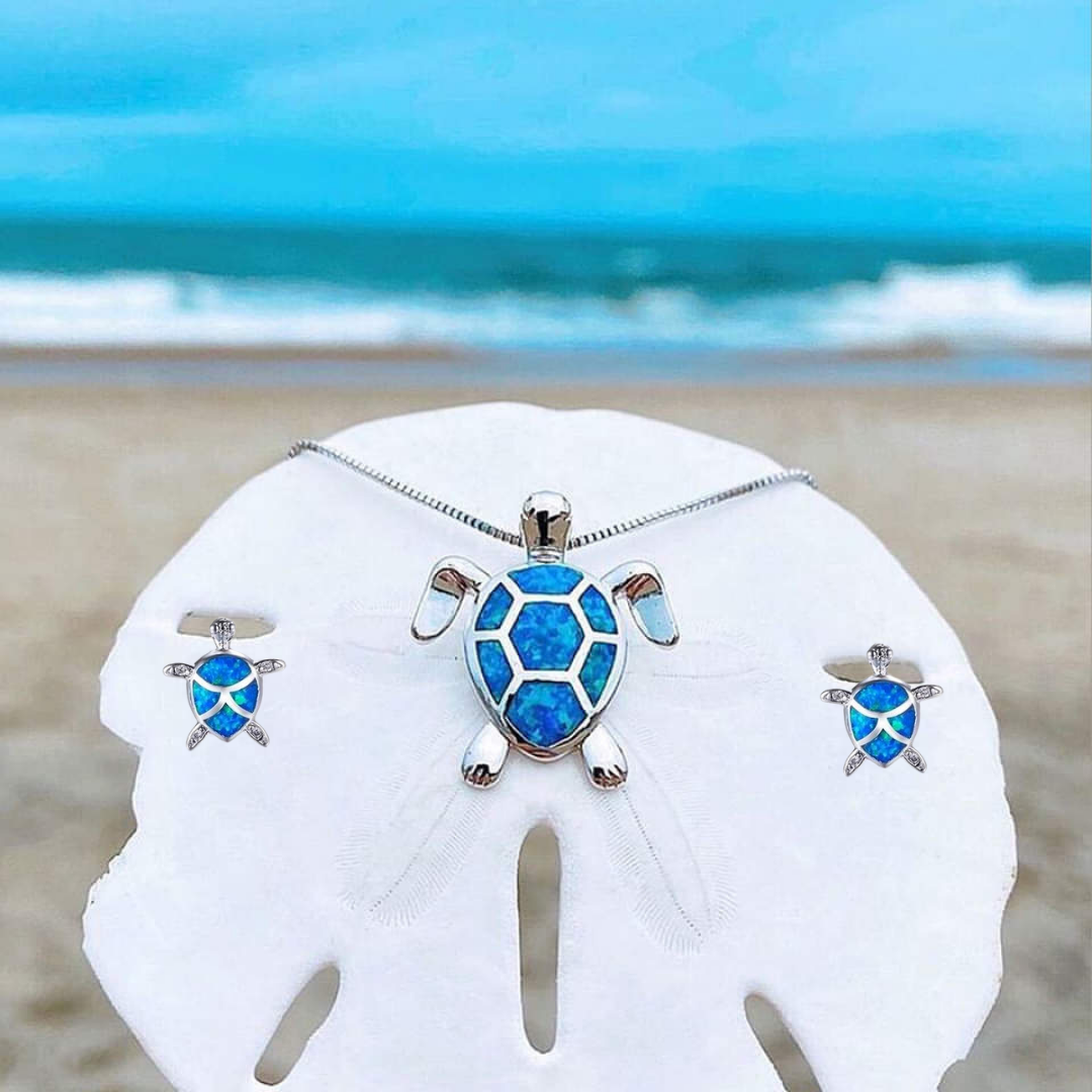 Schildpad Halsketting en Oorbellen Set Zeeblauw Sieraden - Mode Vibes