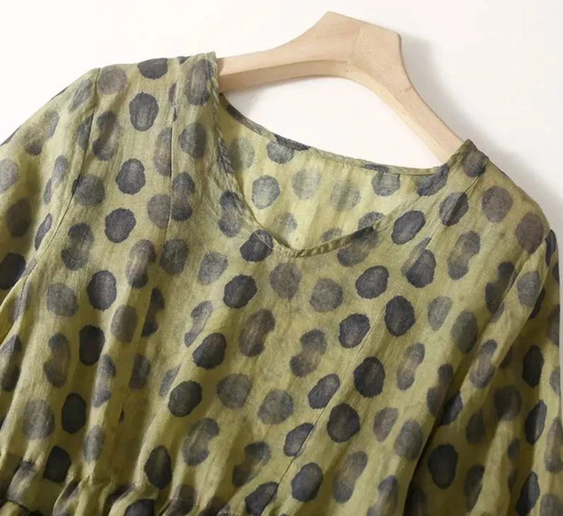 Stijlvolle Donkergroene Polka Dot Vintage Jurk met Elastische Taille