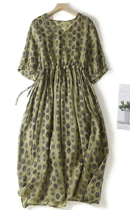 Stijlvolle Donkergroene Polka Dot Vintage Jurk met Elastische Taille