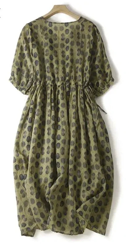 Stijlvolle Donkergroene Polka Dot Vintage Jurk met Elastische Taille