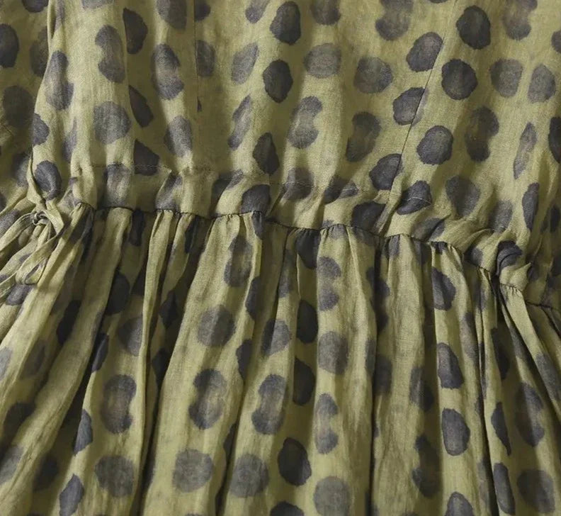 Stijlvolle Donkergroene Polka Dot Vintage Jurk met Elastische Taille