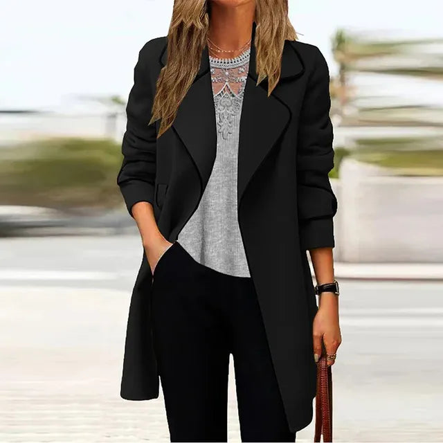 Damesjas Lange Elegante Coat Donkergrijs - Mode Vibes