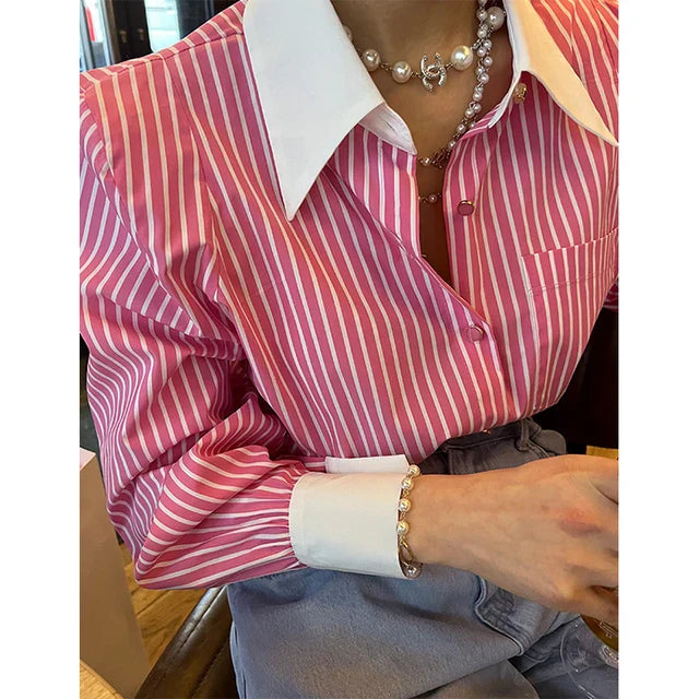 Gestreepte Patchwork Blouse met Lange Mouwen voor Vrouwen