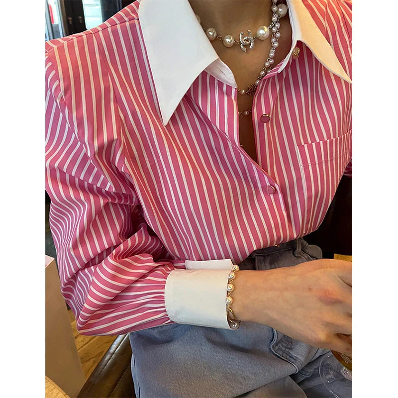 Gestreepte Patchwork Blouse met Lange Mouwen voor Vrouwen