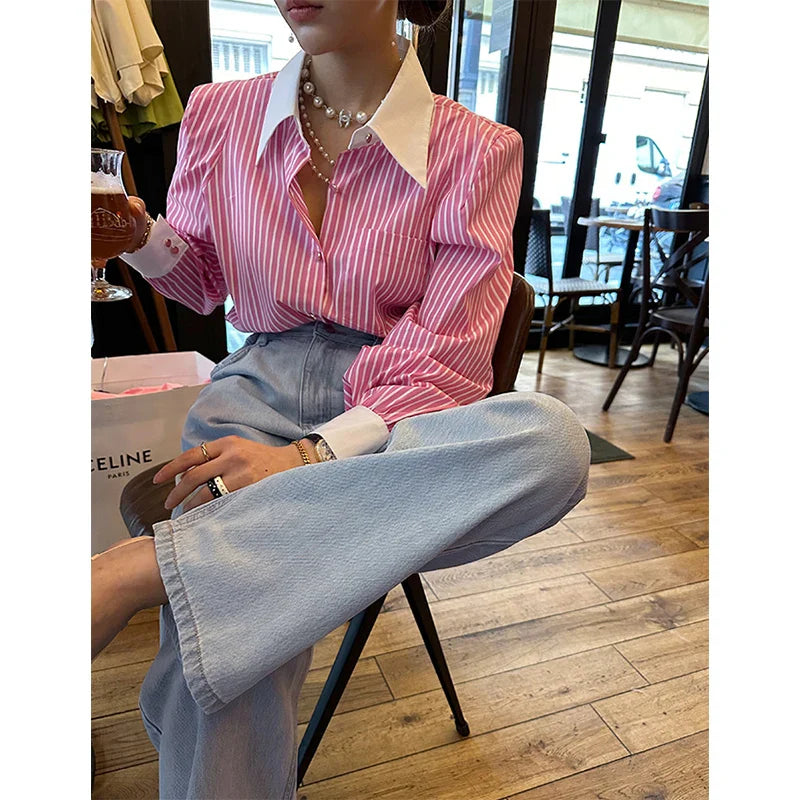 Gestreepte Patchwork Blouse met Lange Mouwen voor Vrouwen