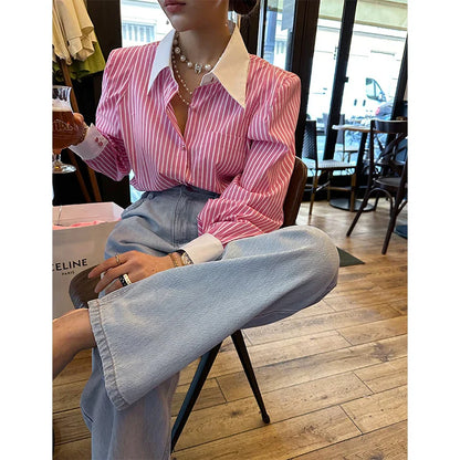 Gestreepte Patchwork Blouse met Lange Mouwen voor Vrouwen