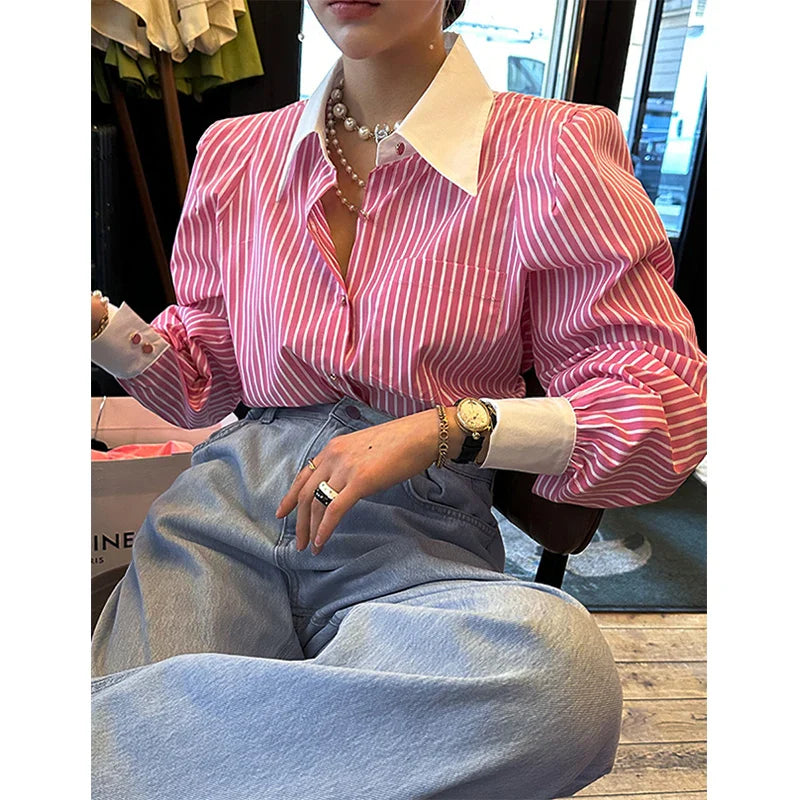 Gestreepte Patchwork Blouse met Lange Mouwen voor Vrouwen