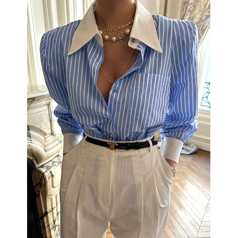 Gestreepte Patchwork Blouse met Lange Mouwen voor Vrouwen