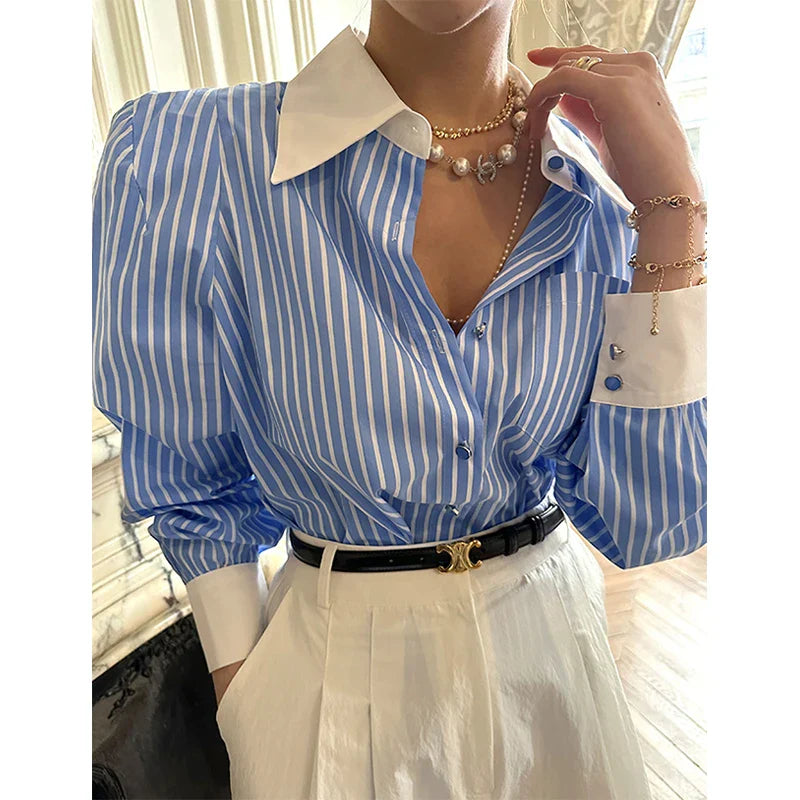 Gestreepte Patchwork Blouse met Lange Mouwen voor Vrouwen