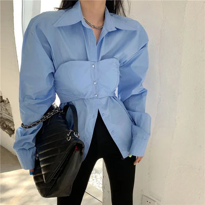 Elegante Patchwork Blouse - Koreaanse Stijl, Fake Two Pieces, Wit